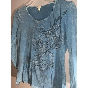 Reba Shirt Womens Medium Blue Black Paisley Rhinestone 3/4 Sleeve Vintage Y2K